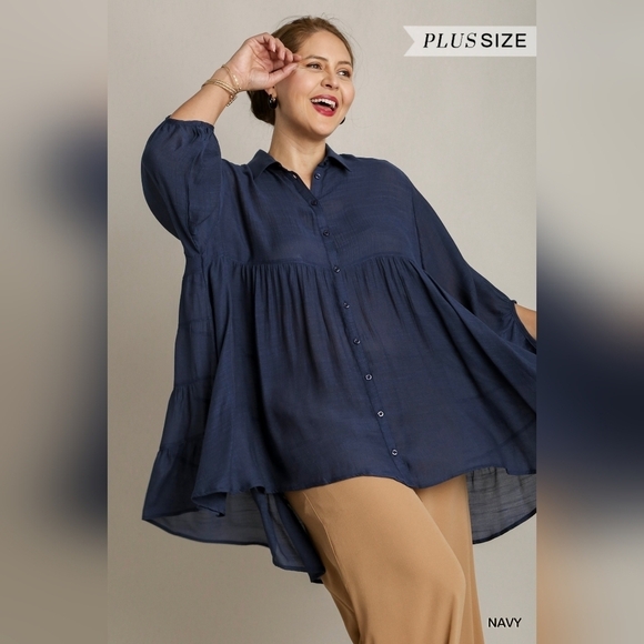 Umgee Tops - NWT Umgee Navy Blue 3/4 Sleeve Button Down Oversize Tunic Top